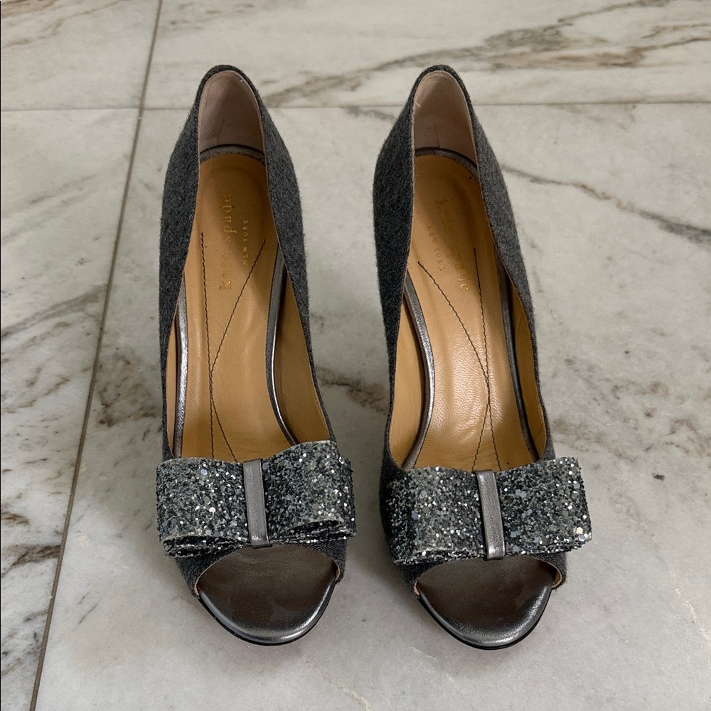 kate spade Gray Glitter Bow Peep-Toe Pumps